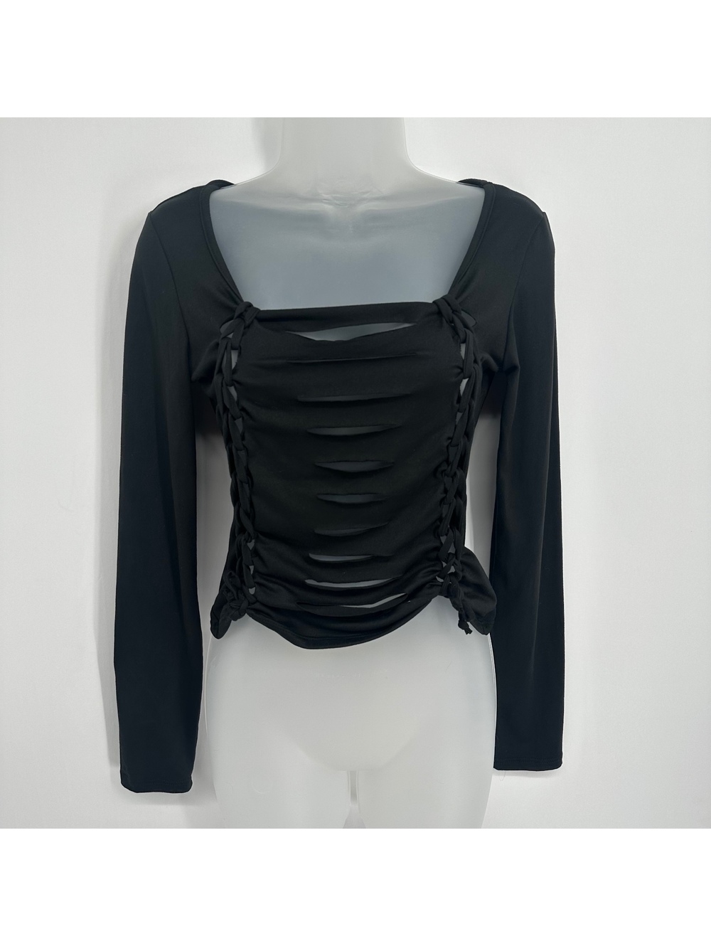 NWT Black Ruched Lace Up Long Sleeve Top Y2K Going Out Whimsigoth Fashion Nova L